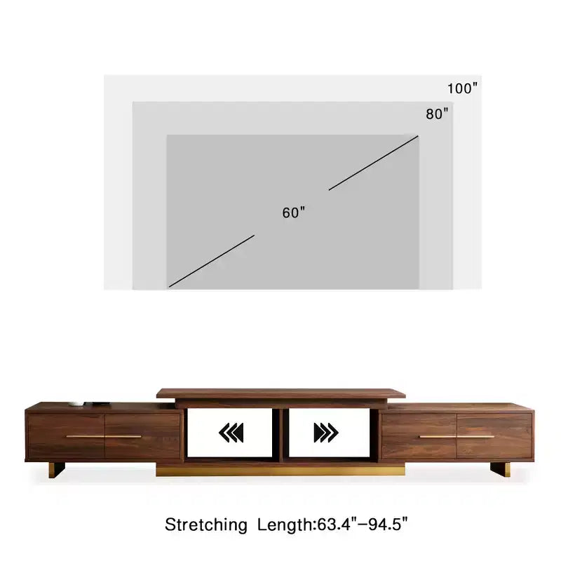 Meuble TV extensible JVNOXK63.4 de 94.5 pouces, console TV en noyer avec 4 tiroirs et 2 étagères ouvertes, meuble de divertissement, console multimédia pour salon