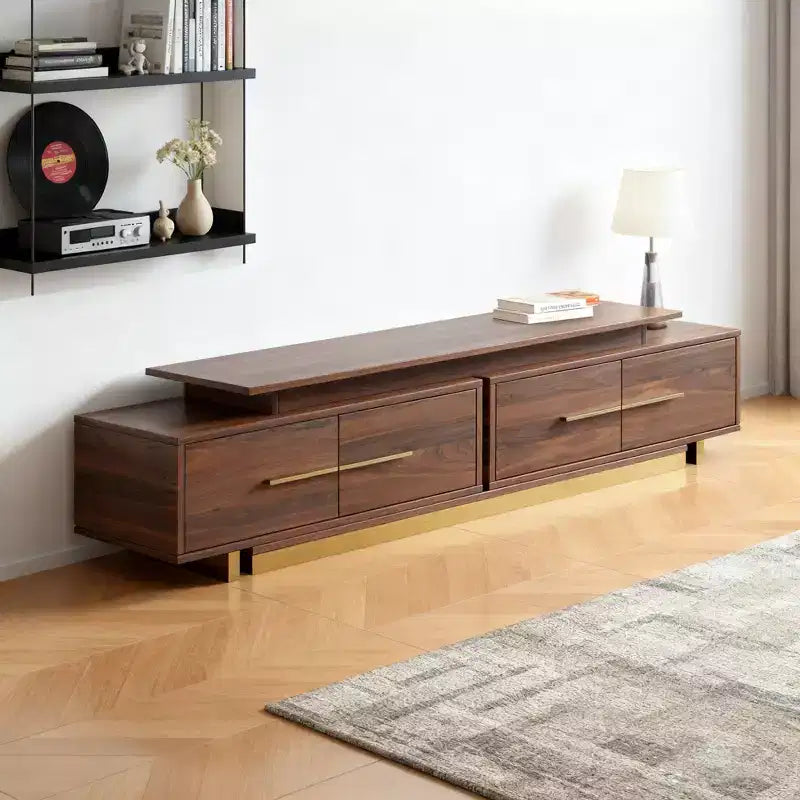 Meuble TV extensible JVNOXK63.4 de 94.5 pouces, console TV en noyer avec 4 tiroirs et 2 étagères ouvertes, meuble de divertissement, console multimédia pour salon