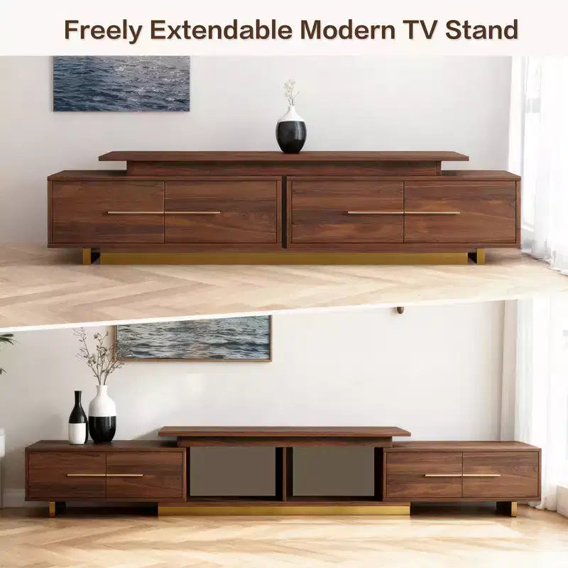 Meuble TV extensible JVNOXK63.4 de 94.5 pouces, console TV en noyer avec 4 tiroirs et 2 étagères ouvertes, meuble de divertissement, console multimédia pour salon