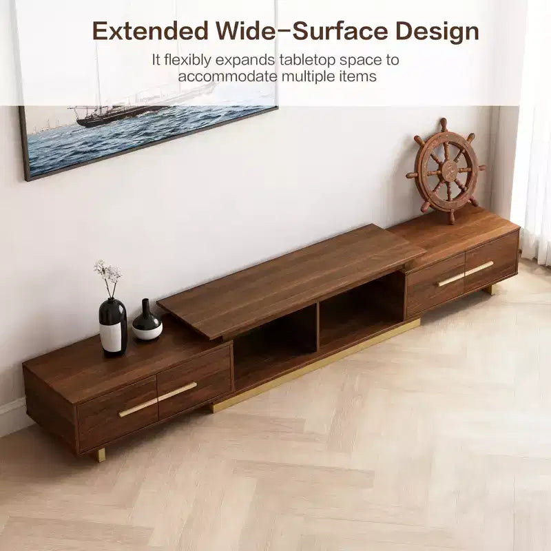 Meuble TV extensible JVNOXK63.4 de 94.5 pouces, console TV en noyer avec 4 tiroirs et 2 étagères ouvertes, meuble de divertissement, console multimédia pour salon