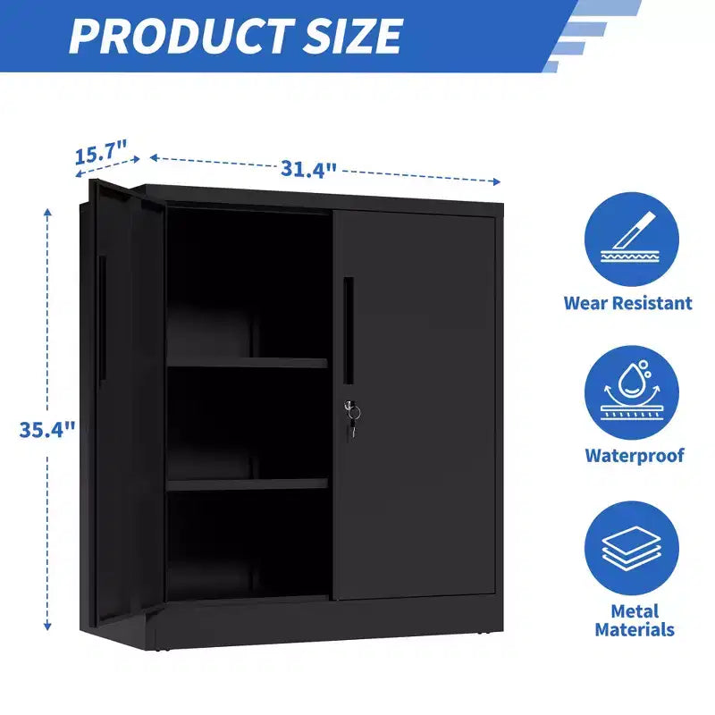 Armoire de rangement de garage en métal à 2 portes avec serrure et 2 étagères réglables, armoire de classement en acier robuste