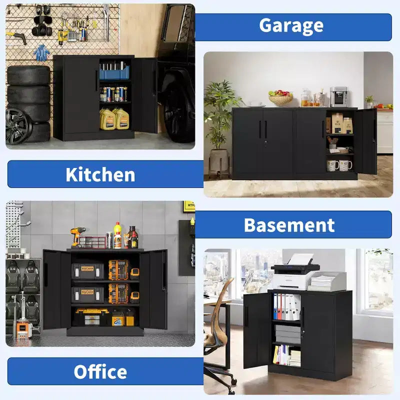 Armoire de rangement de garage en métal à 2 portes avec serrure et 2 étagères réglables, armoire de classement en acier robuste