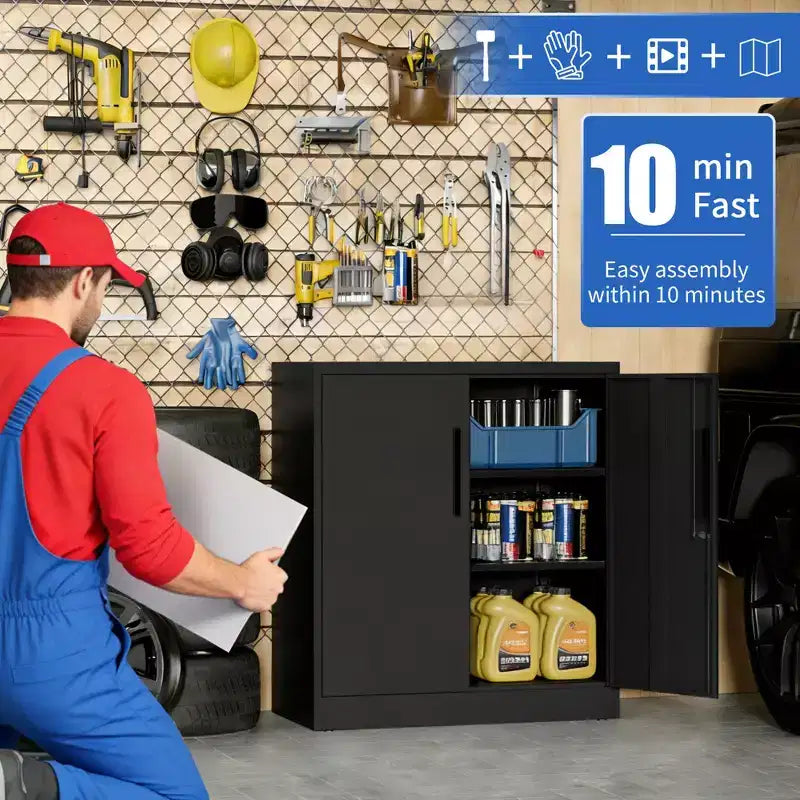 Armoire de rangement de garage en métal à 2 portes avec serrure et 2 étagères réglables, armoire de classement en acier robuste