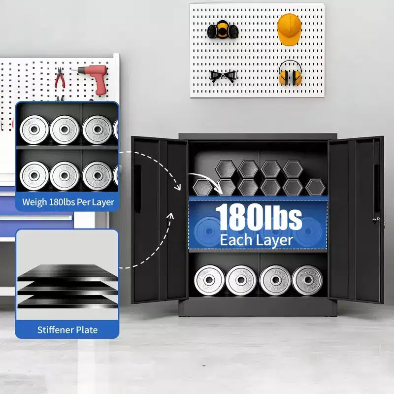 Armoire de rangement de garage en métal à 2 portes avec serrure et 2 étagères réglables, armoire de classement en acier robuste