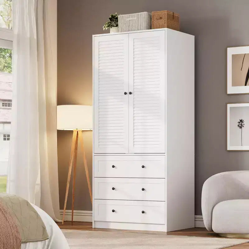 Armoire de garde-robe en bois de 70 pouces avec 2 portes et 3 tiroirs, meuble de rangement autonome avec tringle et étagère pour chambre à coucher