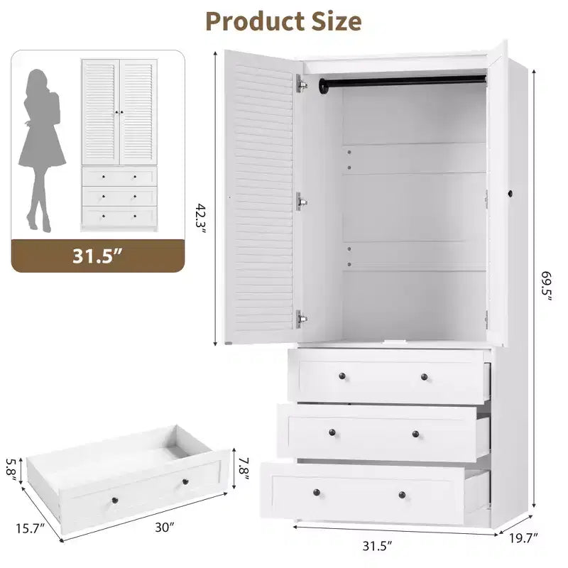 Armoire de garde-robe en bois de 70 pouces avec 2 portes et 3 tiroirs, meuble de rangement autonome avec tringle et étagère pour chambre à coucher