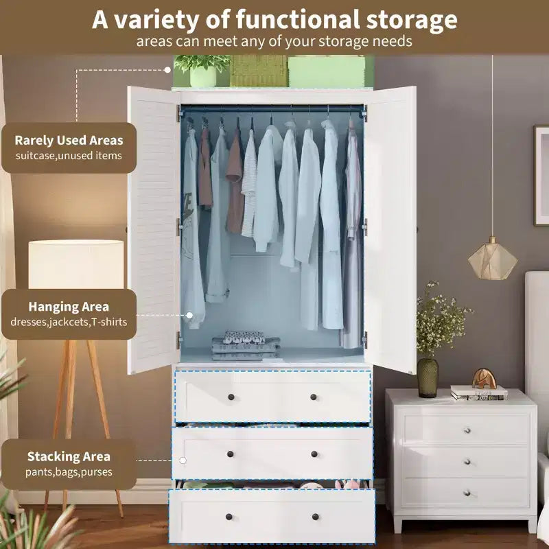 Armoire de garde-robe en bois de 70 pouces avec 2 portes et 3 tiroirs, meuble de rangement autonome avec tringle et étagère pour chambre à coucher