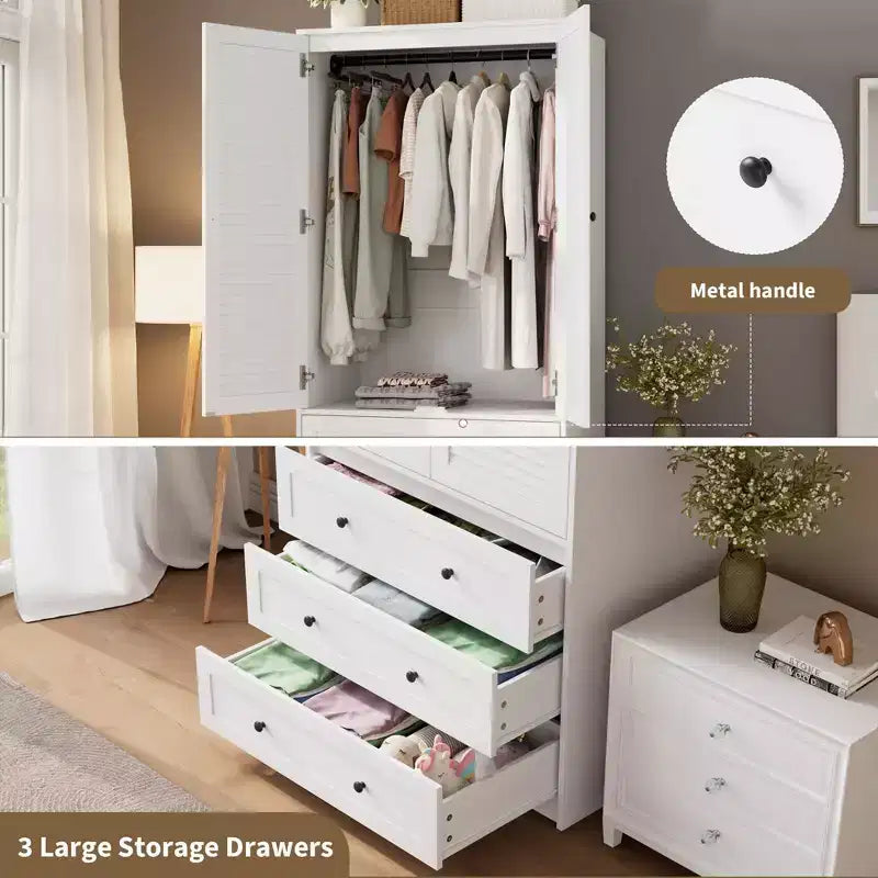 Armoire de garde-robe en bois de 70 pouces avec 2 portes et 3 tiroirs, meuble de rangement autonome avec tringle et étagère pour chambre à coucher
