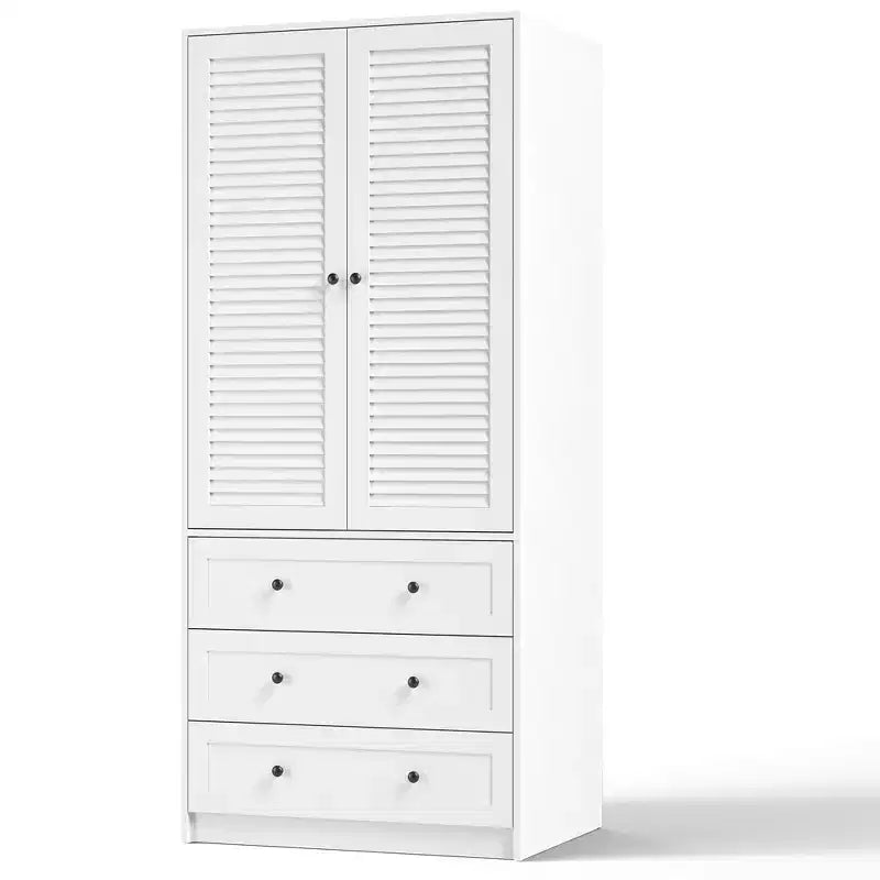 Armoire de garde-robe en bois de 70 pouces avec 2 portes et 3 tiroirs, meuble de rangement autonome avec tringle et étagère pour chambre à coucher