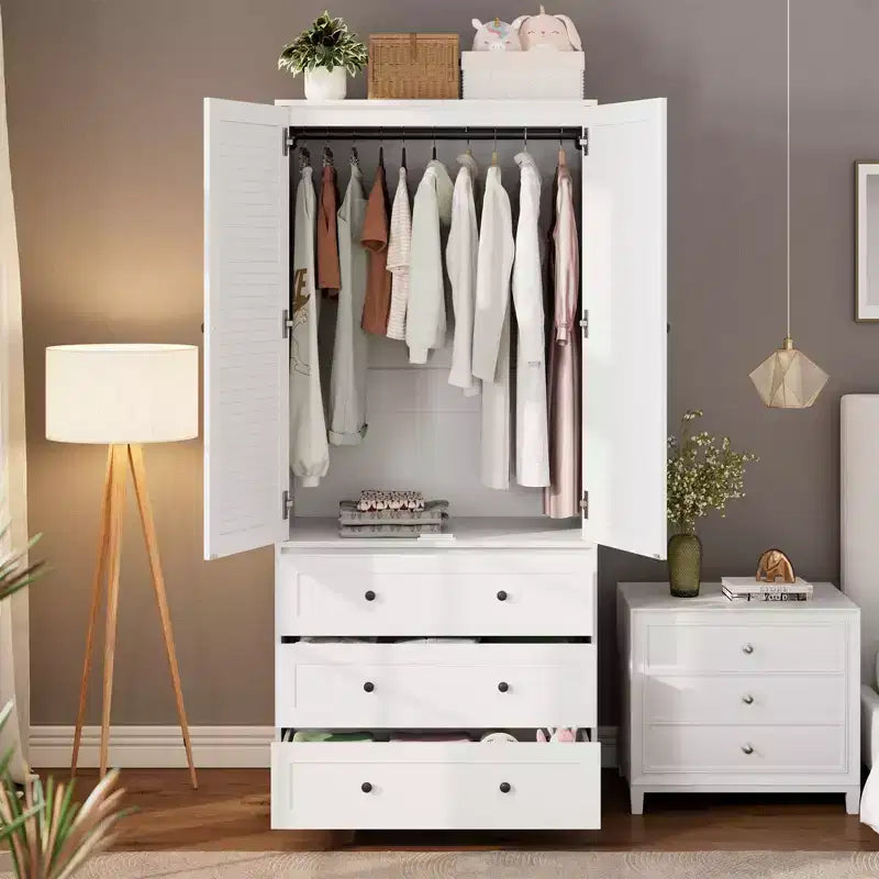 Armoire de garde-robe en bois de 70 pouces avec 2 portes et 3 tiroirs, meuble de rangement autonome avec tringle et étagère pour chambre à coucher