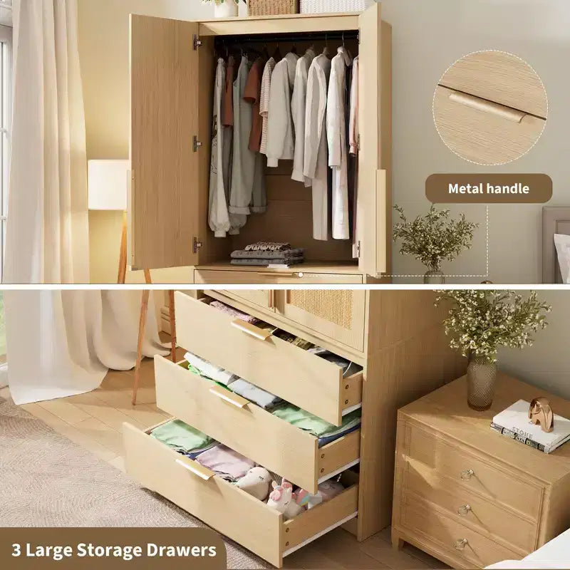 Armoire de garde-robe en bois de 70 pouces avec 2 portes et 3 tiroirs, meuble de rangement autonome avec tringle et étagère pour chambre à coucher