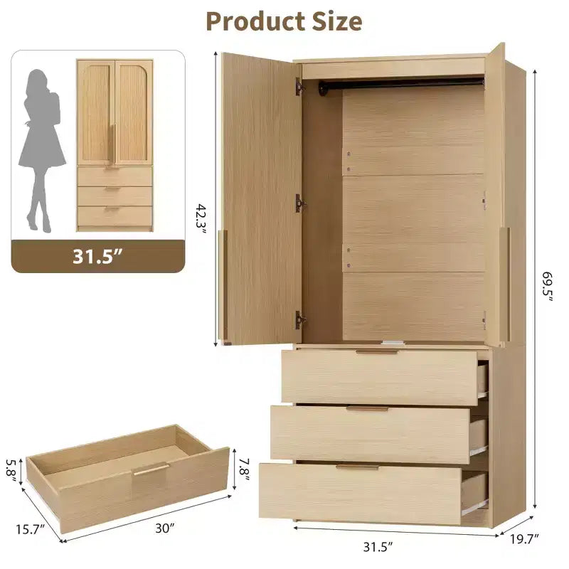 Armoire de garde-robe en bois de 70 pouces avec 2 portes et 3 tiroirs, meuble de rangement autonome avec tringle et étagère pour chambre à coucher