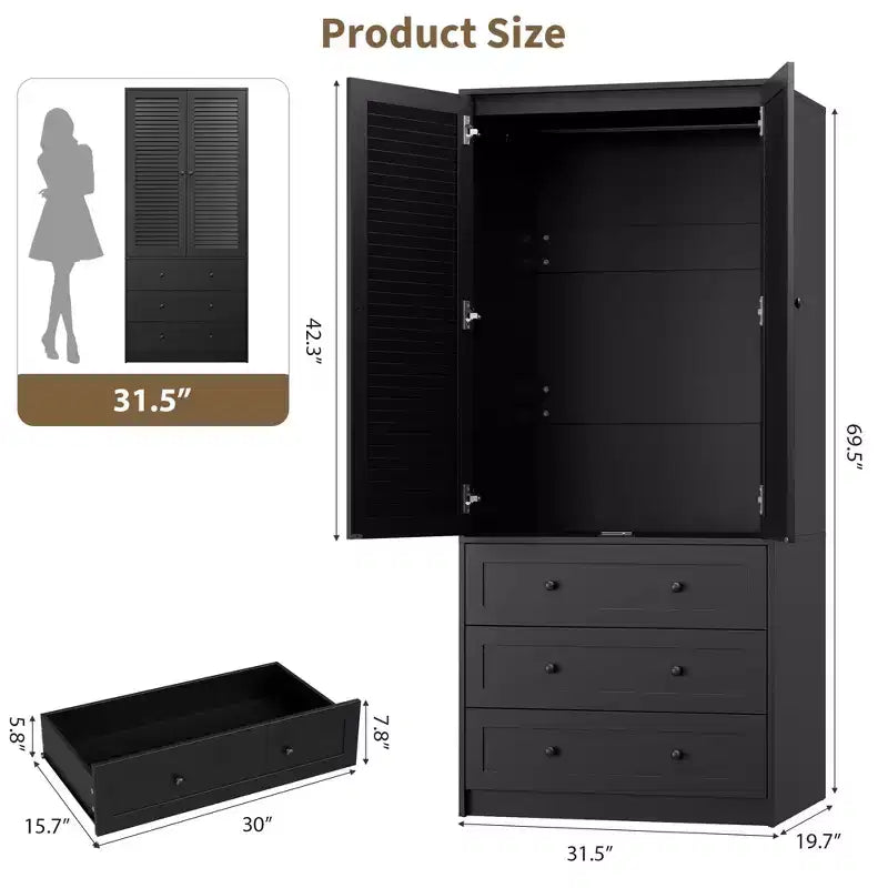 Armoire de garde-robe en bois de 70 pouces avec 2 portes et 3 tiroirs, meuble de rangement autonome avec tringle et étagère pour chambre à coucher