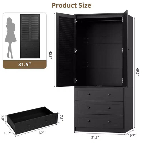 Armoire de garde-robe en bois de 70 pouces avec 2 portes et 3 tiroirs, meuble de rangement autonome avec tringle et étagère pour chambre à coucher
