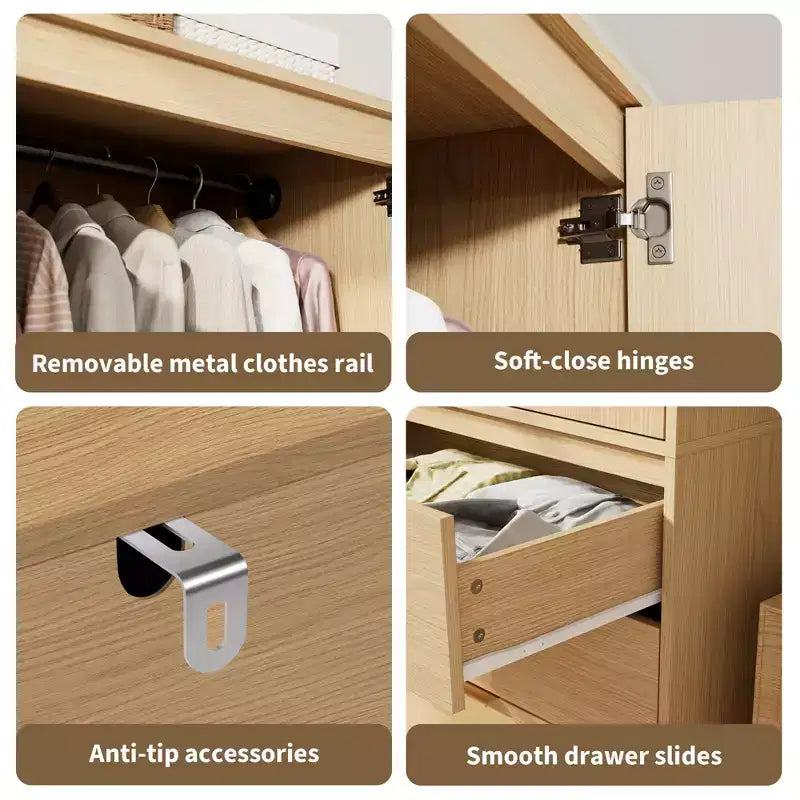 Armoire de garde-robe en bois de 70 pouces avec 2 portes et 3 tiroirs, meuble de rangement autonome avec tringle et étagère pour chambre à coucher