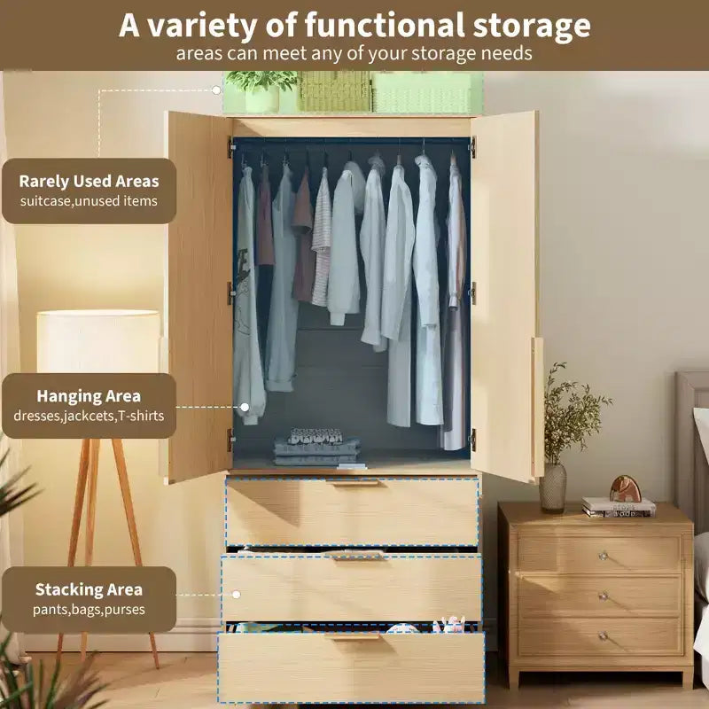 Armoire de garde-robe en bois de 70 pouces avec 2 portes et 3 tiroirs, meuble de rangement autonome avec tringle et étagère pour chambre à coucher