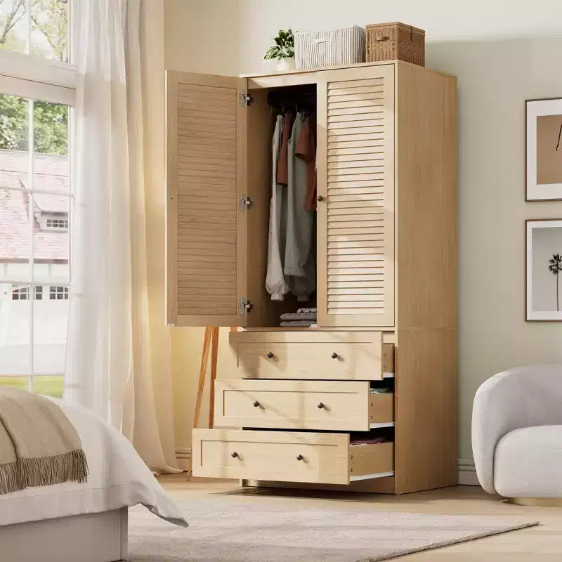 Armoire de garde-robe en bois de 70 pouces avec 2 portes et 3 tiroirs, meuble de rangement autonome avec tringle et étagère pour chambre à coucher