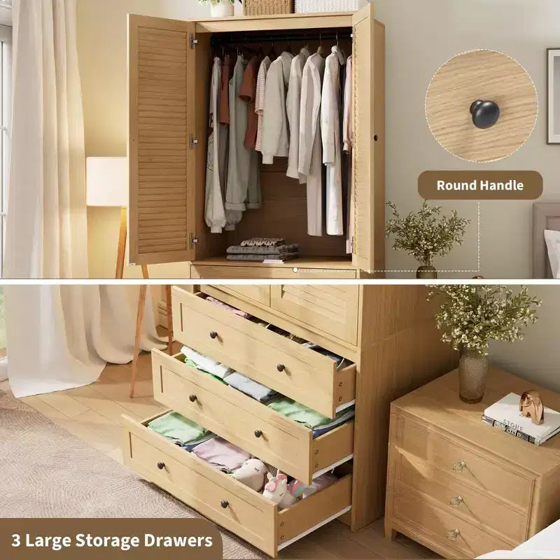 Armoire de garde-robe en bois de 70 pouces avec 2 portes et 3 tiroirs, meuble de rangement autonome avec tringle et étagère pour chambre à coucher