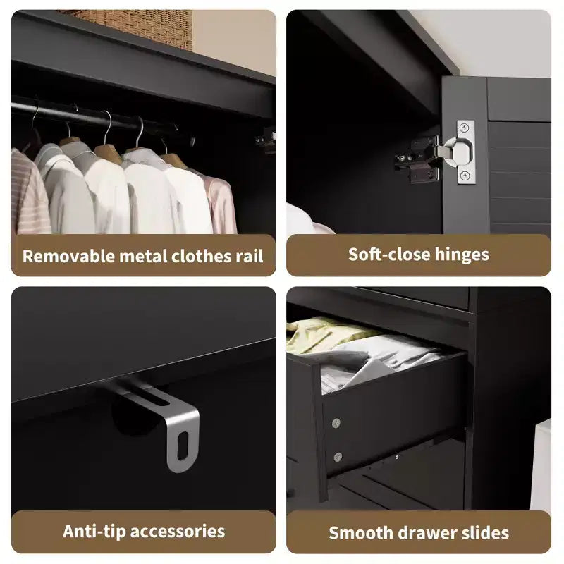 Armoire de garde-robe en bois de 70 pouces avec 2 portes et 3 tiroirs, meuble de rangement autonome avec tringle et étagère pour chambre à coucher