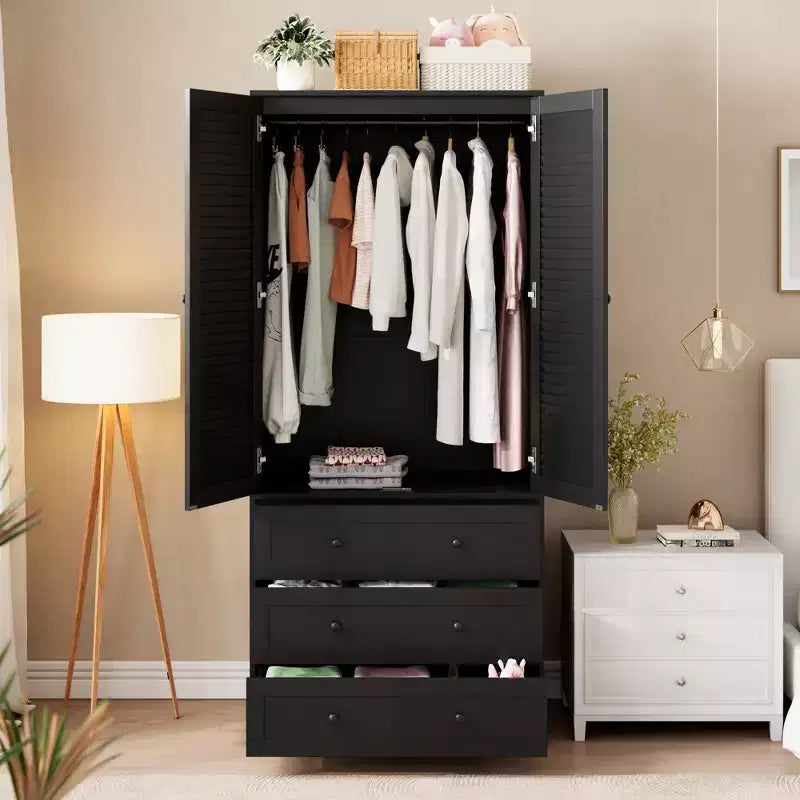 Armoire de garde-robe en bois de 70 pouces avec 2 portes et 3 tiroirs, meuble de rangement autonome avec tringle et étagère pour chambre à coucher