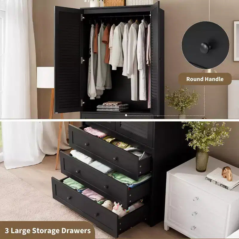 Armoire de garde-robe en bois de 70 pouces avec 2 portes et 3 tiroirs, meuble de rangement autonome avec tringle et étagère pour chambre à coucher