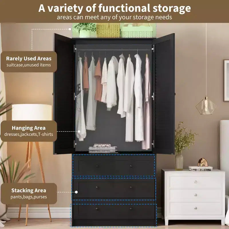 Armoire de garde-robe en bois de 70 pouces avec 2 portes et 3 tiroirs, meuble de rangement autonome avec tringle et étagère pour chambre à coucher