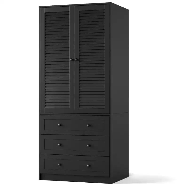 Armoire de garde-robe en bois de 70 pouces avec 2 portes et 3 tiroirs, meuble de rangement autonome avec tringle et étagère pour chambre à coucher