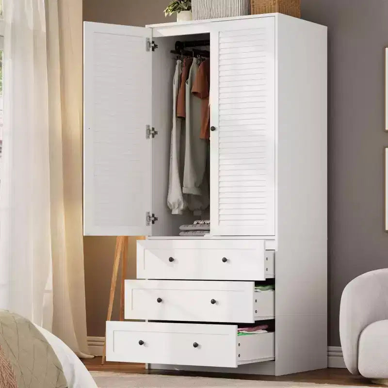 Armoire de garde-robe en bois de 70 pouces avec 2 portes et 3 tiroirs, meuble de rangement autonome avec tringle et étagère pour chambre à coucher