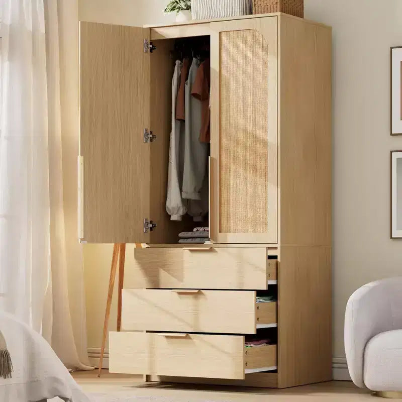 Armoire de garde-robe en bois de 70 pouces avec 2 portes et 3 tiroirs, meuble de rangement autonome avec tringle et étagère pour chambre à coucher