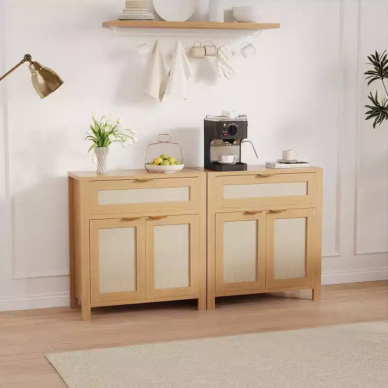 Natural Oak Rattan Sideboard Buffet Cabinet - Drawer & Adjustable Shelves, Storage Accent Cabinet for Living Room Entryway Coffee Bar