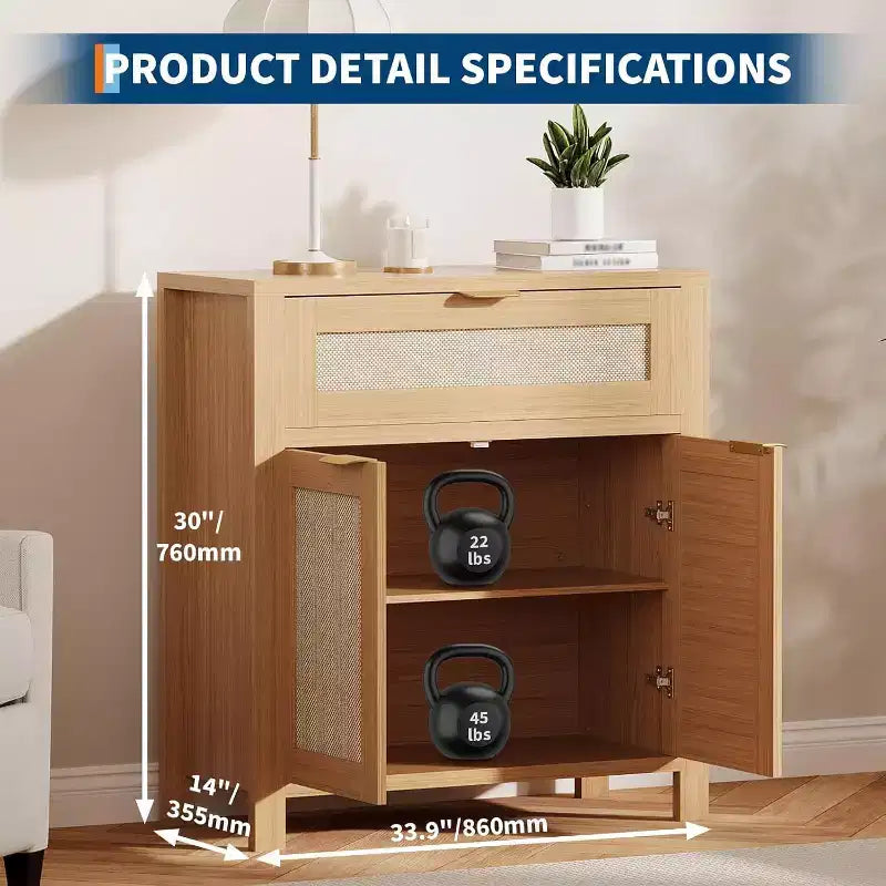 Buffet bahut en rotin et chêne naturel - Tiroir et étagères réglables, armoire de rangement d'appoint pour salon, entrée, coin café