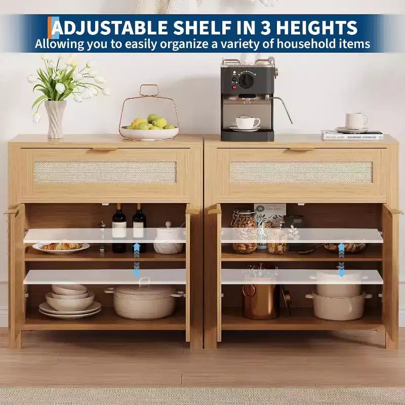 Buffet bahut en rotin et chêne naturel - Tiroir et étagères réglables, armoire de rangement d'appoint pour salon, entrée, coin café