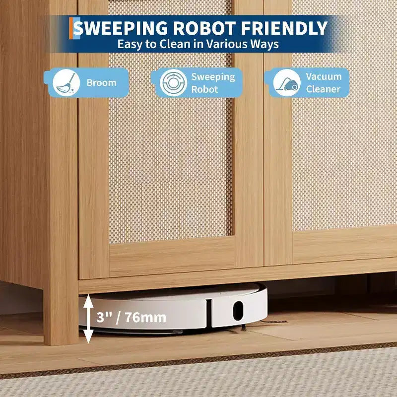 Buffet bahut en rotin et chêne naturel - Tiroir et étagères réglables, armoire de rangement d'appoint pour salon, entrée, coin café