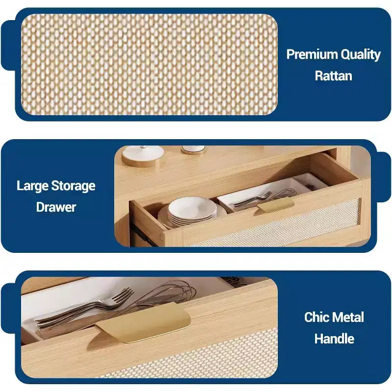 Buffet bahut en rotin et chêne naturel - Tiroir et étagères réglables, armoire de rangement d'appoint pour salon, entrée, coin café