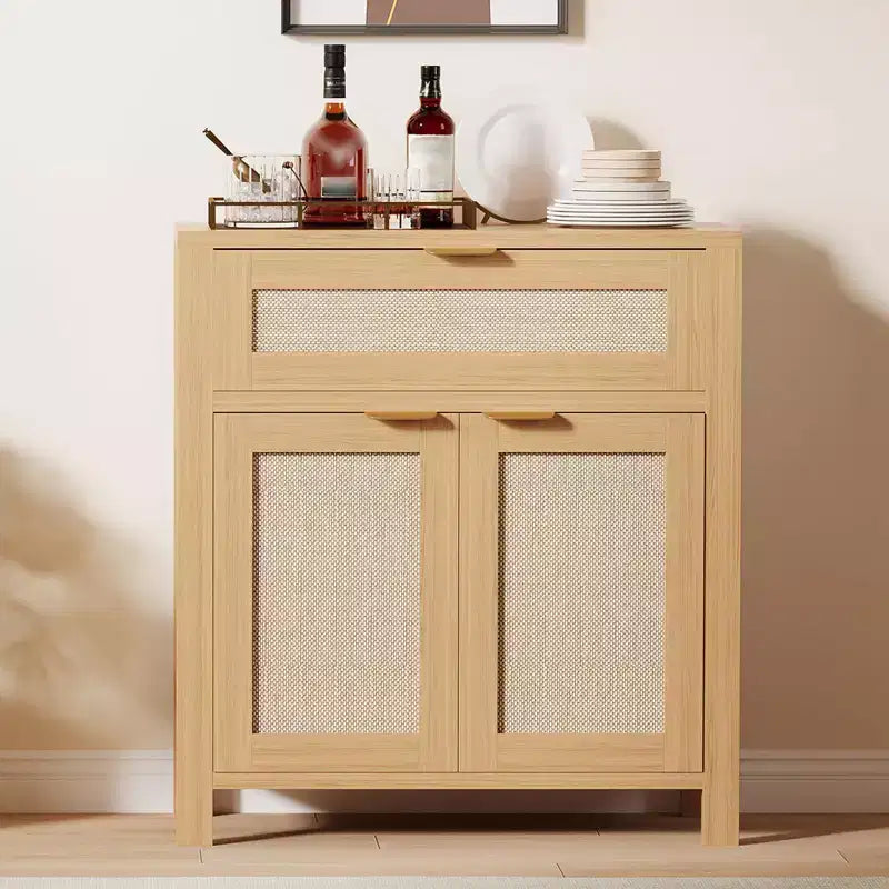 Buffet bahut en rotin et chêne naturel - Tiroir et étagères réglables, armoire de rangement d'appoint pour salon, entrée, coin café