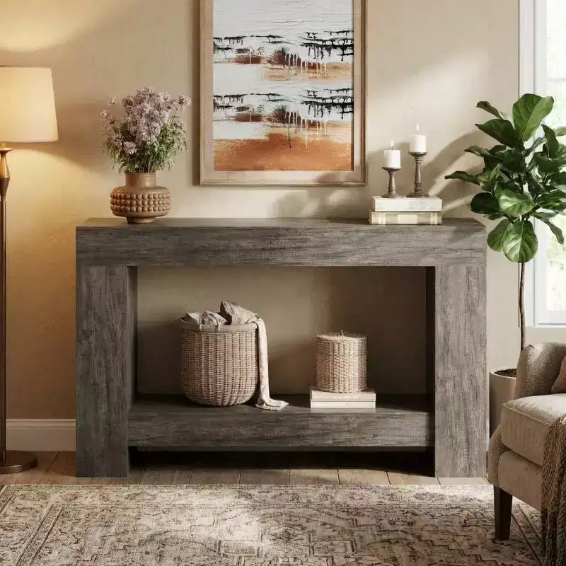 Console de ferme, longue table de canapé à 2 niveaux avec rangement ouvert, table d'entrée étroite en bois pour couloir, salon, derrière le canapé