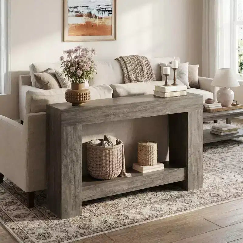 Console de ferme, longue table de canapé à 2 niveaux avec rangement ouvert, table d'entrée étroite en bois pour couloir, salon, derrière le canapé
