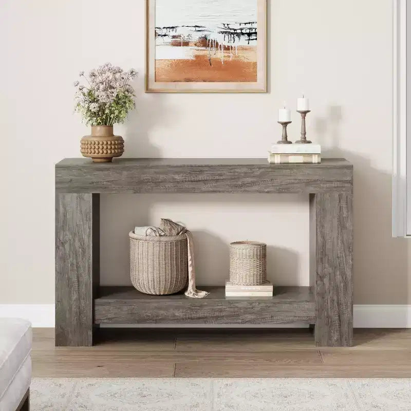 Console de ferme, longue table de canapé à 2 niveaux avec rangement ouvert, table d'entrée étroite en bois pour couloir, salon, derrière le canapé