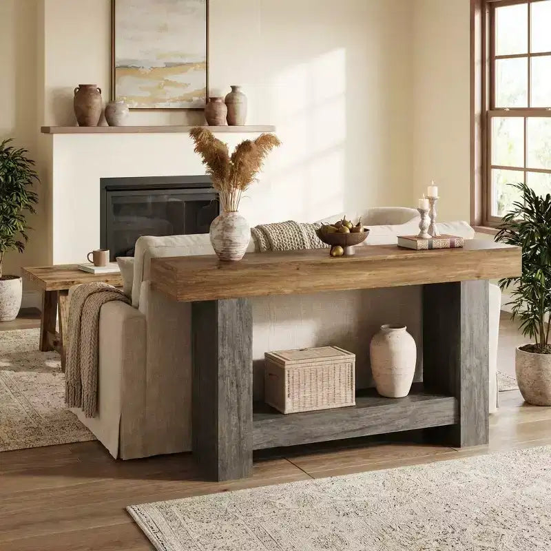 Console de ferme, longue table de canapé à 2 niveaux avec rangement ouvert, table d'entrée étroite en bois pour couloir, salon, derrière le canapé