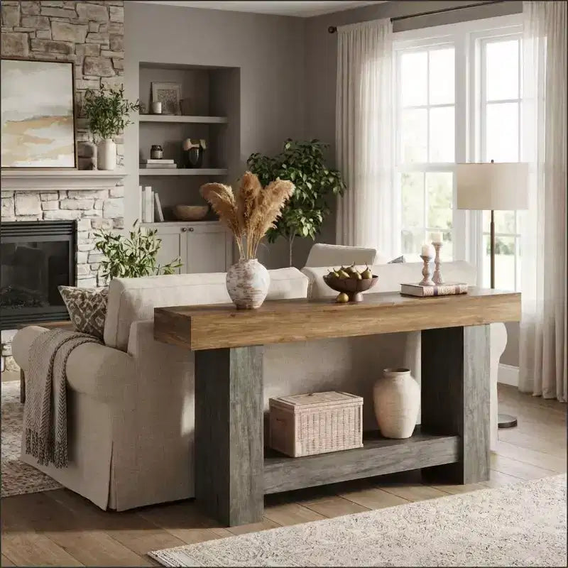 Console de ferme, longue table de canapé à 2 niveaux avec rangement ouvert, table d'entrée étroite en bois pour couloir, salon, derrière le canapé
