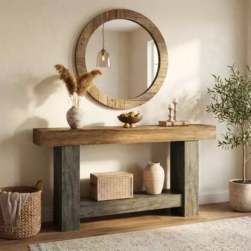 Console de ferme, longue table de canapé à 2 niveaux avec rangement ouvert, table d'entrée étroite en bois pour couloir, salon, derrière le canapé