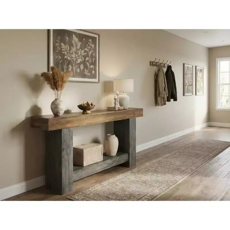 Console de ferme, longue table de canapé à 2 niveaux avec rangement ouvert, table d'entrée étroite en bois pour couloir, salon, derrière le canapé