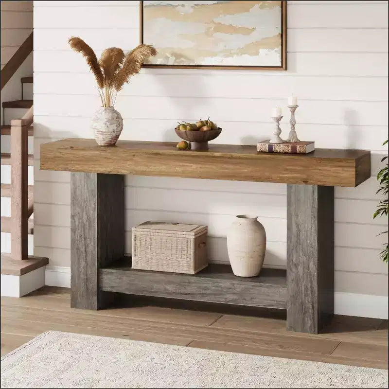 Console de ferme, longue table de canapé à 2 niveaux avec rangement ouvert, table d'entrée étroite en bois pour couloir, salon, derrière le canapé