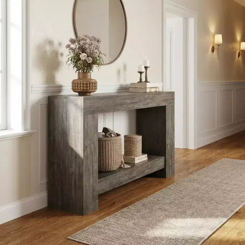 Console de ferme, longue table de canapé à 2 niveaux avec rangement ouvert, table d'entrée étroite en bois pour couloir, salon, derrière le canapé