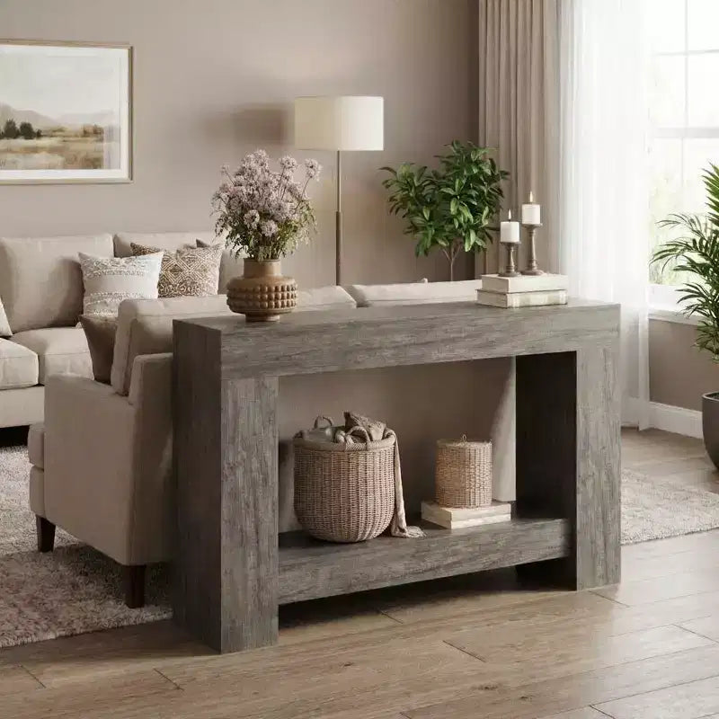 Console de ferme, longue table de canapé à 2 niveaux avec rangement ouvert, table d'entrée étroite en bois pour couloir, salon, derrière le canapé