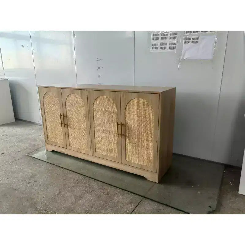 Buffet moderne en rotin, buffet avec 2 portes tressées, rangement avec étagère fixe, crédence en bois pour salle à manger, salon, cuisine, entrée