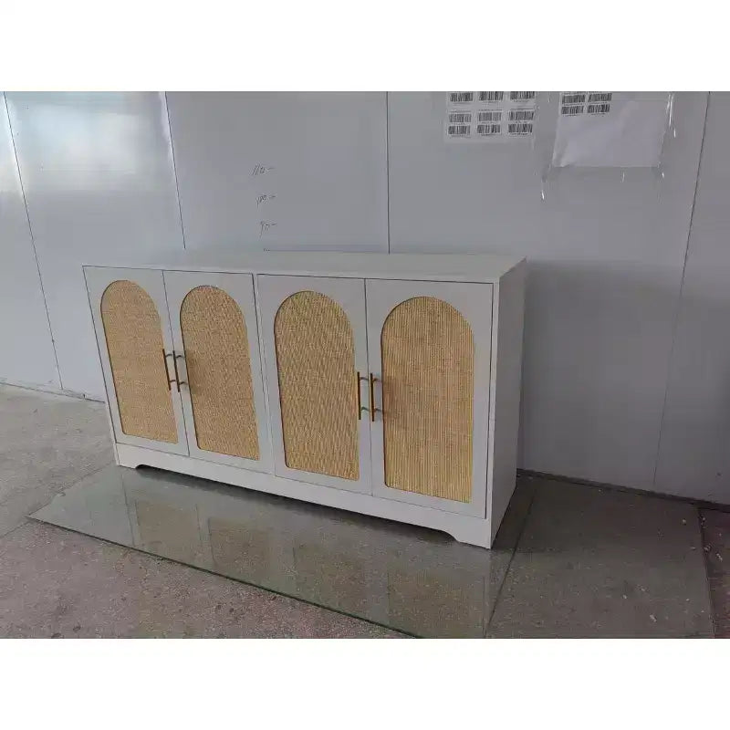 Buffet moderne en rotin, buffet avec 2 portes tressées, rangement avec étagère fixe, crédence en bois pour salle à manger, salon, cuisine, entrée