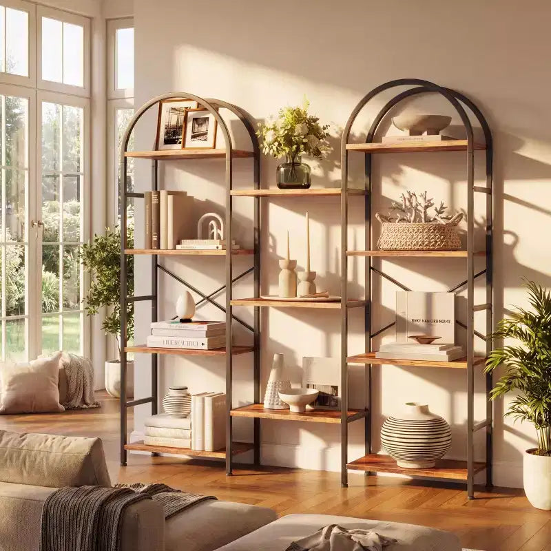 Étagère à livres à triple arche, bibliothèque ouverte autoportante à 4 niveaux avec cadre en métal, étagère de rangement industrielle pour salon, bureau à domicile