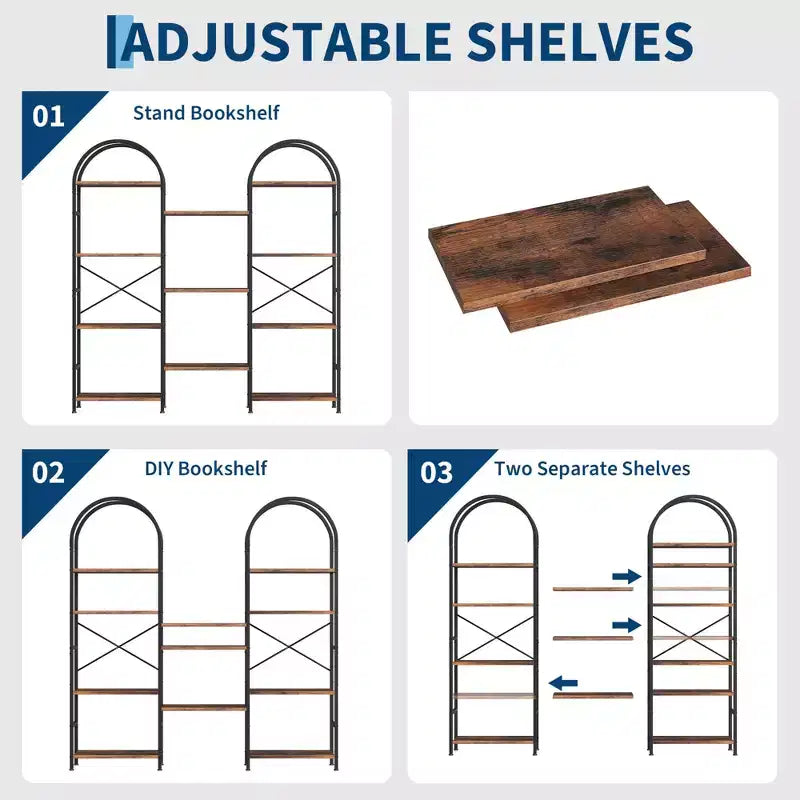 Étagère à livres à triple arche, bibliothèque ouverte autoportante à 4 niveaux avec cadre en métal, étagère de rangement industrielle pour salon, bureau à domicile