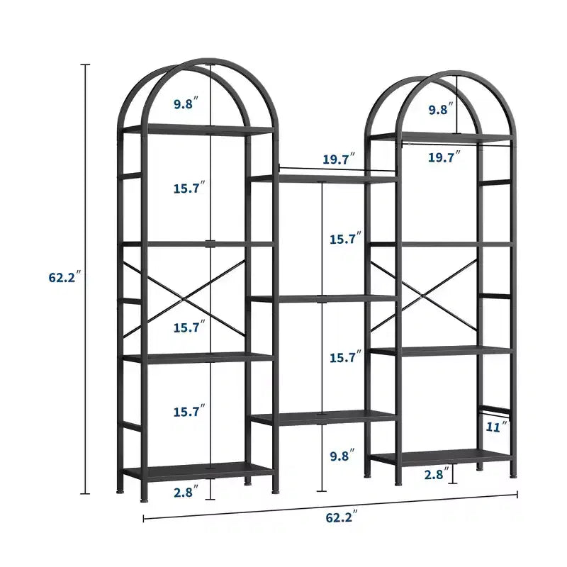 Étagère à livres à triple arche, bibliothèque ouverte autoportante à 4 niveaux avec cadre en métal, étagère de rangement industrielle pour salon, bureau à domicile